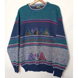 Vintage 90s Impact L Sweater Crew Neck Leather Patches Mountain Ski Retro READ